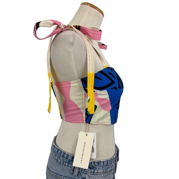 Commense Crop Top Women's Extra Small Tie Straps Shirred Back Abstract Print XS - Picture 3 of 11